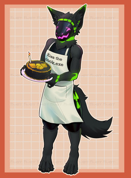 anthro apron black_body black_fur black_tail cake clothing dessert elian_n food fur green_markings hazard_symbol machine male markings nervous nervous_smile purple_eyes radiation_symbol solo symbol tail text helldivers arcer_(fusionfox) humanoid protogen absurd_res hi_res