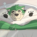 anthro bed bedding blanket blush eyebrows eyes_closed fur furniture green_body green_fur lying male on_front pillow sleeping smile solo thick_eyebrows toto3_official lifewonders live_a_hero mokdai canid canine canis domestic_dog mammal hi_res