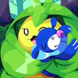 ambiguous_gender blue_body blush duo eyes_closed feral forest forest_background green_body hug markings nature nature_background one_eye_closed open_mouth plant shrub tongue tree whisker_markings sleepy_sealion nintendo pokemon generation_5_pokemon generation_7_pokemon pokemon_(species) popplio swadloon 1:1 2026 absurd_res dated hi_res signature