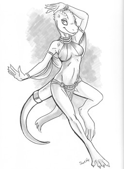 5_fingers anthro bottomwear bracelet breasts clothed clothing collar dancer_outfit dancing female fingers jewelry lizard_tail loincloth looking_at_viewer medium_breasts navel non-mammal_breasts non-mammal_navel simple_background smile solo tail caribou_(artist) shannon_(bahumot) kobold lizard reptile scalie 2014 digital_media_(artwork)