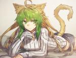 ahoge blonde_hair bodily_fluids bottomwear clothed clothing denim denim_clothing female green_eyes green_hair hair long_hair lying multicolored_hair ribbed_clothing ribbed_sweater shorts solo sweat sweatdrop sweater topwear melon22 fate_(series) type-moon archer_of_red atalanta_(fate) animal_humanoid cat_humanoid felid felid_humanoid feline feline_humanoid humanoid mammal mammal_humanoid