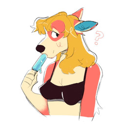 anthro blonde_hair blue_popsicle blush eating female food fur hair looking_aside nipple_outline popsicle popsicle_in_mouth popsicle_melting question_mark simple_background solo white_background peachy_bat animal_crossing nintendo audie_(animal_crossing) canid canine canis mammal red_wolf wolf bust_portrait portrait
