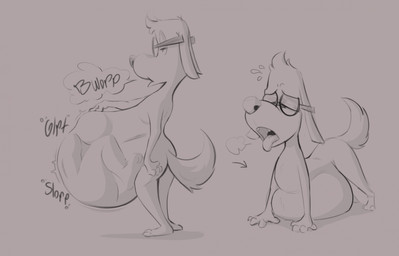 abdominal_bulge after_vore all_fours anthro before_and_after belly belly_on_ground big_belly biped body_outline breath burping digestion eyewear fatal_vore fur glasses hand_on_belly huge_belly male open_mouth rumbling_stomach simple_background soft_vore solo standing tail teeth tongue tongue_out vore blitzit jay_ward_productions mr._peabody_and_sherman mr._peabody beagle canid canine canis domestic_dog hunting_dog mammal scent_hound 2026 hi_res monochrome
