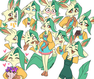 blush blush_lines bodily_fluids brown_eyes clothing dirt dress eyelashes fangs female fingers_together flower heart_(marking) markings open_mouth overalls pink_bow plant side_view solo standing tears teeth wide_eyed odeko-yma nintendo pokemon ivee_(odeko-yma) eeveelution generation_4_pokemon leafeon pokemon_(species) 2025 absurd_res digital_media_(artwork) hi_res model_sheet signature