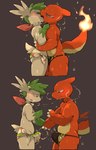 anthro balls black_clothing black_swimwear blue_eyes blush blush_lines bodily_fluids claws clothing duo erection erection_under_bottomwear erection_under_swimwear fire flaming_tail french_kissing fur genital_fluids genitals green_body green_eyes green_fur green_hair green_paws grey_background hair hand_holding hand_on_chest hand_on_hip holding_another holding_close kissing leaking_precum looking_at_another male male/male multicolored_body multicolored_fur narrowed_eyes orange_body pattern_clothing pattern_swimwear penis precum precum_string saliva saliva_string short_tail side_view simple_background speedo standing steam sweat sweatdrop swimwear swimwear_only tail tan_body white_body white_fur moesouna_gomi nintendo pokemon charmeleon generation_1_pokemon generation_4_pokemon legendary_pokemon pokemon_(species) shaymin sky_forme_shaymin 2023 hi_res multiple_scenes