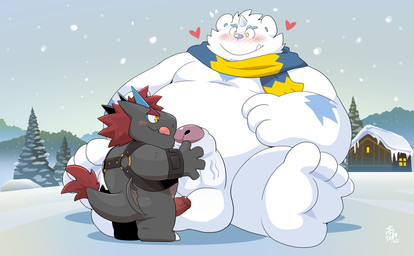anthro balls belly black_body blush chibi duo erection foreskin genitals heart_symbol horn larger_male male male/male outside overweight overweight_male penis scarf short size_difference small_but_hung smaller_male snow stocky tail white_body takataka anothereidos_of_dragon_vein_r mythology barboros_(anothereidos_r) patty_(anothereidos_r) dragon mythological_creature mythological_scalie scalie yeti