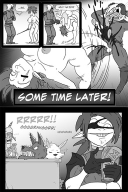 anthro areola attack ballbusting balls big_breasts blood blood_from_penis bodily_fluids breasts castration clothed clothing cock_and_ball_torture crotch_attack crotch_kick decapitation dialogue emasculation erect_nipples eye_patch eye_scar eyewear facial_scar female genital_mutilation genital_torture genitals gore group growling holding_melee_weapon holding_object holding_sword holding_weapon huge_breasts humanoid_pointy_ears kick male melee_weapon money mutilation nipples nude penis pointy_ears scar severed_balls severed_body_part severed_genitals severed_head severed_penis speech_bubble sword text weapon sparrow_(artist) mythology canid canine human mammal mythological_canine mythological_creature werecanid werecanine werecreature werewolf 2010 2:3 comic english_text greyscale hi_res monochrome