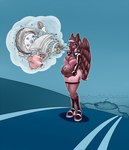 anthro blue_background breasts brown_body brown_fur clothing digestion female female_pred fur object_vore oral_vore outside pink_clothing simple_background solo vore wings frakass equid equine horse mammal 2020 hi_res