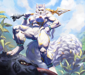 4_toes 5_fingers abs anklet anthro barbell_piercing big_breasts black_nose bracelet breasts feet female fingers fluffy fluffy_tail fur genitals hair hindpaw humanoid_hands jewelry long_hair long_tail melee_weapon muscular muscular_anthro muscular_female navel nipple_barbell nipple_piercing nipples nude nude_anthro nude_female outdoor_nudity outside paws piercing polearm solo spear tail toes vulva weapon white_body white_fur white_hair sidj-6 canid canine canis mammal monster wolf