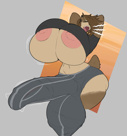 anthro areola balls_outline big_breasts big_penis black_clothing black_shirt black_topwear breasts brown_body brown_fur brown_hair bulge clothing detailed_bulge ear_piercing eyes_closed fur genital_outline genitals gynomorph hair hands_behind_head huge_breasts huge_penis hyper hyper_breasts hyper_genitalia hyper_penis intersex nipples open_mouth penis penis_outline piercing pink_areola pink_nipples shirt solo tail teeth tongue topwear underwear yawn thelazydreamer tenna_cale bear mammal 2025 hi_res