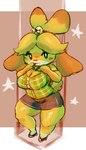 anthro big_breasts blush breasts cardigan cleavage clothed clothing female fur hair solo thick_thighs wide_hips yellow_body yellow_fur kiseff animal_crossing nintendo isabelle_(animal_crossing) canid canine canis domestic_dog mammal shih_tzu toy_dog 2022 hi_res