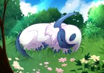 ambiguous_gender blue_body eyes_closed feral flower fur grass lying outside plant shrub sleeping solo sound_effects vowelless vowelless_sound_effect white_body white_fur zzz rukifox nintendo pokemon absol generation_3_pokemon pokemon_(species)