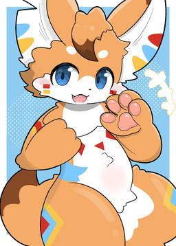 ambiguous_gender blue_eyes blue_markings blush blush_lines countershading cute_fangs fangs gesture kemono markings open_mouth orange_body red_markings teeth thick_thighs three-quarter_view waving white_body white_countershading yellow_markings young mujimuji1010 canid canine fennec_fox fox mammal true_fox 2025 hi_res portrait three-quarter_portrait