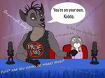 anthro at_table black_body black_fur bodily_fluids bracelet breasts clothing dialogue duo ears_down electronics female fur grey_body grey_fur hand_on_shoulder interview jewelry microphone open_mouth pivoted_ears question rabbit_ears radio shirt sitting size_difference speech_bubble spiked_bracelet spikes sweat sweatdrop talk_show tank_top text topwear kendall_collins disney the_lion_king zootopia judy_hopps shenzi_(the_lion_king) hyena lagomorph leporid mammal rabbit english_text hi_res