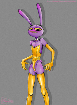 anthro balls blush bodily_fluids chastity_belt chastity_cage chastity_device clothed clothing crossdressing flustered genitals gold_leotard golden_clothing leotard looking_down male purple_body solo sweat sweatdrop tail yellow_clothing yellow_leotard yellow_sclera hornyfudge glitch_productions the_amazing_digital_circus jax_(tadc) lagomorph leporid mammal rabbit absurd_res hi_res