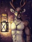 5_fingers anthro antlers athletic blue_eyes brown_body brown_fur fingers fur horn lamp lantern male mjolnir mjolnir_necklace muscular muscular_anthro muscular_male smile solo tan_body tan_fur noviraine deer mammal new_world_deer reindeer