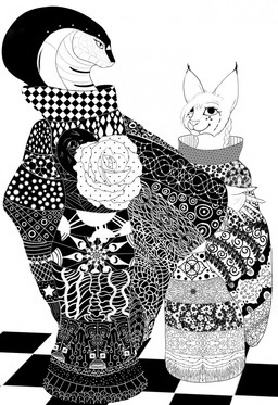 5_fingers anthro clothed clothing duo eyelashes female fingers floor fur hair male mouth_closed nails pattern_clothing pupils scales simple_background slit_pupils snake_hood standing tile tile_floor leprzil pan_(leprzil) cobra felid feline lynx mammal reptile scalie snake 2022 digital_media_(artwork) hi_res monochrome