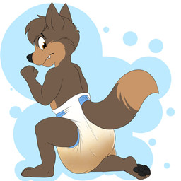 anthro big_diaper clothed clothing diaper diaper_only feces kneeling male on_one_knee soiled_diaper soiling solo topless unclean_diaper used_diaper wearing_diaper baltnwolf canid canine canis mammal wolf 1:1 hi_res