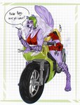 anthro belt biped bottomwear bracelet breasts cigarette cleavage clothed clothing collar crop_top dialogue ear_piercing ear_ring facial_markings female green_hair hair head_markings holding_cigarette holding_object hotpants jewelry leaning leaning_forward looking_at_viewer markings motorcycle nipple_outline piercing question_mark riding_motorcycle ring_piercing shirt shorts simple_background smile smiling_at_viewer solo speech_bubble spiked_belt spiked_bracelet spiked_collar spikes text tools topwear vehicle wrench burryro five_nights_at_freddy's five_nights_at_freddy's:_security_breach scottgames steel_wool_studios roxanne_wolf canid canine canis mammal wolf 2022 english_text hi_res