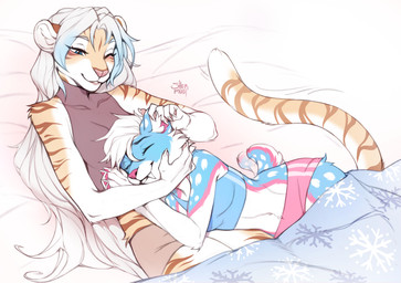 5_fingers anthro biped breasts clothed clothed_anthro clothed_female clothing duo female fingers fur hair lying markings navel on_back on_side smile striped_body striped_fur striped_markings striped_tail stripes tail tail_markings teeth shermugi jade_(wolfmaster96370) domestic_cat felid feline felis mammal 2025 digital_drawing_(artwork) digital_media_(artwork) hi_res