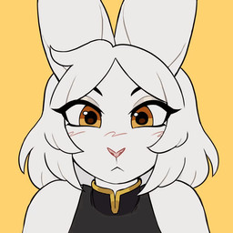 anthro black_eyebrows clothed clothing eyebrows female fur hair happy looking_at_viewer orange_eyes pink_nose shirt simple_background smile solo topwear white_body white_fur white_hair yellow_background shambletime lagomorph leporid mammal rabbit 1:1 animated animated_gif short_playtime