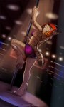 anthro biped bottomwear bra breasts brown_body brown_fur clothed clothing feet female fur fur_gauntlets hair half-closed_eyes hindpaw inner_ear_fluff looking_at_viewer looking_back narrowed_eyes pawpads paws pole raised_leg red_eyes red_hair shorts smile solo standing strip_club stripper_pole striptease text tight_clothing tongue tongue_out tuft underwear totesfleisch8 faydra_(neoshark) felid feline lynx mammal 2015 absurd_res hi_res