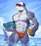 abs anthro areola biceps biped bulge clothed clothing cloud countershade_arms countershade_face countershade_neck countershade_torso countershading fin food gills grey_body hat headgear headwear holding_food holding_object holding_popsicle male muscular muscular_anthro muscular_male nipples partially_submerged pecs popsicle smile solo swimwear tail tail_fin topless topless_anthro topless_male water anjing_kampuss brondo_(mondoart) fish marine shark hi_res