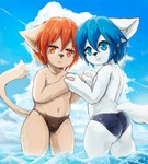 amber_eyes anthro black_nose blue_eyes blue_hair blush blush_lines cheek_tuft clothing duo facial_tuft fluffy fluffy_tail fur glistening glistening_eyes hair hand_holding kemono long_tail looking_at_viewer looking_back looking_back_at_viewer male narrowed_eyes navel partially_submerged pupils red_hair shota speedo swimwear tail tan_body tan_fur tan_tail tight_clothing tuft white_body white_ears white_fur young young_anthro young_male naegi spica_(aoino) stella_(aoino) canid canine fox mammal 2021 digital_media_(artwork) digital_painting_(artwork) hi_res