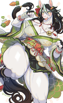 anthro big_breasts blush breasts clothed clothing female fur hair simple_background smile solo thick_thighs white_background rikose equid equine horse mammal hi_res