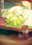 :3 ambiguous_gender anthro bandai_namco bed bedding black_claws black_nose blanket claws container daww digimon digimon_(species) digital_drawing_(artwork) digital_media_(artwork) dipstick_ears ear_pillow ear_rest extyrannomon_(artist) eyes_closed floor floppy_ears fur fur_markings furniture green_blanket green_body green_ears green_fur green_markings green_stripes head_spike horn lamp long_ears lying lying_on_bed markings multicolored_blanket multicolored_ears on_bed on_front shaded sleeping smile soft_shading solo striped_body striped_ears striped_fur striped_markings stripes terriermon two_tone_blanket white_blanket white_body white_ears white_fur wood wood_floor
