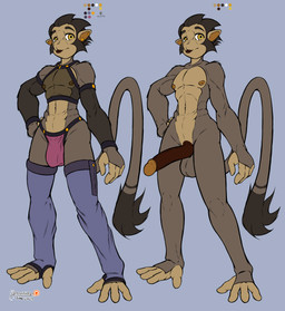 anthro balls big_penis brown_body bulge clothed clothing fur genitals hair male melee_weapon nude penis solo sword weapon arashidrgn haplorhine mammal monkey primate 2023 absurd_res hi_res model_sheet