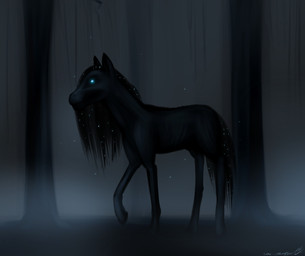 ambiguous_gender black_hooves blue_eyes dark detailed_background feral fog forest glowing glowing_eyes hooves outside plant quadruped slim solo tail tree wood cobalt_snow conditional_dnp equid equine horse mammal undead 2012 black_and_blue dark_theme digital_media_(artwork) hi_res monochrome