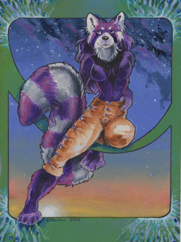 anthro barefoot black_body black_fur bottomwear breasts claws clothed clothing featureless_breasts feet female fur hair pants purple_body purple_eyes purple_fur purple_hair sky solo star starry_sky sunset topless white_body white_fur heather_bruton ailurid mammal red_panda 2025 3:4 acrylic_painting_(artwork) colored_pencil_(artwork) painting_(artwork) traditional_media_(artwork) traditional_painting_(artwork)