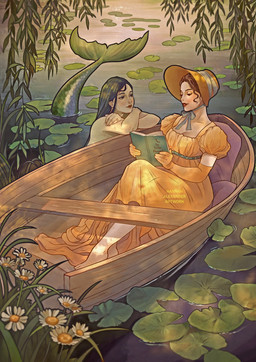 black_hair boat book brown_hair clothing daisy_(flower) dress duo female flower hair leaf plant reading reading_book split_form vehicle watercraft yellow_clothing yellow_dress hannah_alexander aquatic human humanoid mammal merfolk hi_res