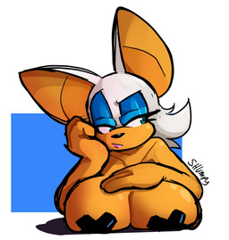 anthro big_breasts black_nose blue_background blue_eyeshadow breast_rest breasts eyelashes eyeshadow female front_view fur green_eyes huge_breasts lipstick makeup nude orange_body orange_fur pasties pink_lipstick simple_background solo white_background white_body white_fur shumpy sega sonic_the_hedgehog_(series) rouge_the_bat bat mammal hi_res