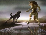 ambiguous_gender anthro crouching dancing duo reflection smile sunrise tail katanimate mythology canid canine canis mammal mythological_canine mythological_creature werecanid werecanine werecreature werewolf wolf