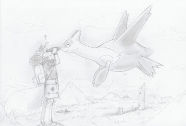 anthro backpack bottomwear clothed clothed_male clothing cloud curious detailed_background duo eyelashes female feral floating footwear looking_at_another looking_through_binoculars male mountain multi_tail multicolored_body outside pants pokeball question_mark red_cross ruins shirt shoes shoulder_bag sightseeing size_difference smile smiling_at_another standing tail topwear two_tone_body blackfox85 nintendo pokemon gin_(blackfox85) canid canine fox fox_spirit generation_3_pokemon latias legendary_pokemon mammal pokemon_(species) absurd_res hi_res monochrome traditional_media_(artwork)