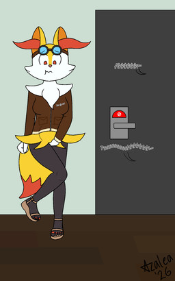 bathroom bladder bladder_bulge bodily_fluids bottomless clothed clothing colored_nails colored_toenails curling_toes desperation feet female footwear full_bladder genital_fluids jacket locked_door nails omorashi organs peeing sandals shoes toenails toes topwear urine flamingazalea nintendo pokemon braixen generation_6_pokemon pokemon_(species) 5:8 hi_res
