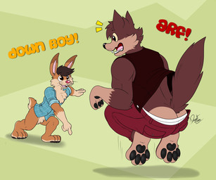 anthro bottomless butt butt_cleavage clothed clothing duo gesture hand_gesture hopping lowered_pants male pointing pointing_down text topwear underwear vest doggettdouglasmcdog billy_buns hank_howell_(piti_yindee) canid canine canis lagomorph leporid mammal rabbit wolf 6:5 absurd_res hi_res