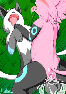abdominal_bulge ambiguous_fluids animal_genitalia anthro anus balls bodily_fluids canine_genitalia cowgirl_position cum cum_inside duo female feral from_front_position genital_fluids genitals grass male male/female on_bottom on_top plant sex vulva lumbryon_(artist) nintendo pokemon lumbryon_(character) lynder eeveelution espeon generation_2_pokemon hybrid pokemon_(species) umbreon hi_res