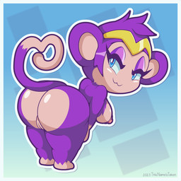 anthro bedroom_eyes big_breasts big_butt biped blue_eyes blue_sclera border breasts butt crown female fur genitals gesture headgear huge_butt leaning leaning_forward looking_at_viewer looking_back looking_back_at_viewer narrowed_eyes nude outline presenting presenting_hindquarters purple_body purple_fur rear_view seductive simple_background smile smiling_at_viewer solo tail tail_gesture tail_heart text thick_thighs tiara vulva white_border white_outline wide_hips thisnameistaken shantae_(series) wayforward shantae_(monkey_form) haplorhine mammal monkey primate 1:1 2023 artist_name digital_drawing_(artwork) digital_media_(artwork) hi_res