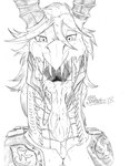 anthro armor bodily_fluids drooling fangs hair half-closed_eyes horn looking_at_viewer male narrowed_eyes open_mouth saliva saliva_on_tongue saliva_string scales solo teeth tongue tongue_out marcushunter mythology yu-gi-oh! fur_hire rafale_champion_fur_hire dragon duel_monster monster mythological_creature mythological_scalie scalie 2018 bust_portrait hi_res portrait signature