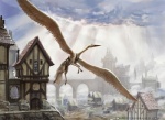 ambiguous_gender architecture beak city cityscape cloud feathered_wings feathers feral flying high-angle_view quadruped solo wings john_severin_brassell hasbro magic:_the_gathering mythology wizards_of_the_coast avian gryff gryphon mythological_avian mythological_creature official_art