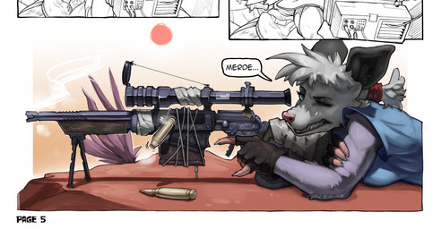 aiming aiming_weapon anthro blue_clothing blue_topwear bullet bullet_casing clothed clothing eyelashes female fingerless_gloves gloves green_eyes gun hair handwear lying on_front ponytail ranged_weapon rifle scope shooting simple_background sniper sniper_rifle solo tape text topwear weapon white_background syn-6 american_opossum mammal marsupial comic cropped french_text hi_res
