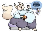 anthro barefoot belly big_belly big_breasts bottomwear breasts burger clothed clothing dialogue dual_holding electronics feet female flabby_arms food fur holding_burger holding_food holding_object huge_thighs hypocrite laugh morbidly_obese morbidly_obese_anthro morbidly_obese_female name_drop name_in_dialogue obese obese_anthro obese_female overweight overweight_anthro overweight_female pants phone profanity simple_background sitting solo speech_bubble sweater sweatpants text thick_thighs topwear vocalization wide_hips redphlannel aggretsuko sanrio fenneko canid canine fennec_fox fox mammal true_fox 2022 digital_media_(artwork) english_text hi_res