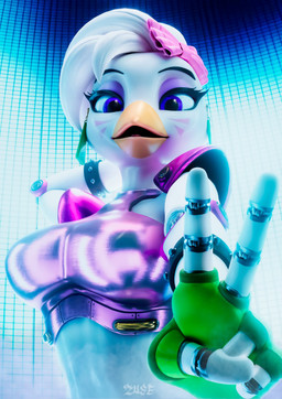 accessory anthro armlet beak big_breasts blue_eyes bow_ribbon breasts clothing crop_top ear_piercing ear_ring eyeshadow female gesture glistening glistening_body glistening_clothing glistening_shirt glistening_topwear hair hair_accessory hair_bow hair_ribbon hand_behind_head hand_gesture looking_at_viewer machine makeup non-mammal_breasts open_mouth open_smile orange_beak piercing pink_clothing pink_shirt pink_topwear purple_eyeshadow ribbons ring_piercing shirt short_hair smile smiling_at_viewer solo topwear v_sign white_body zuse_q mayosplash_(modeler) five_nights_at_freddy's five_nights_at_freddy's:_security_breach scottgames steel_wool_studios glamrock_chica animatronic avian bird chicken galliform phasianid robot robot_anthro 2025 3d_(artwork) cinema_4d_(artwork) digital_media_(artwork) hi_res watermark