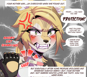 anthro clenched_teeth close-up clothing cross-popping_vein dialogue fangs fangs_bared female fur gloves green_eyes handwear onomatopoeia pregnancy_test solo sound_effects speech_bubble talking_to_another teeth text yellow_body yellow_fur sly_shadex mihoyo zenless_zone_zero pulchra_fellini wise_(zenless_zone_zero) felid feline mammal thiren english_text hi_res