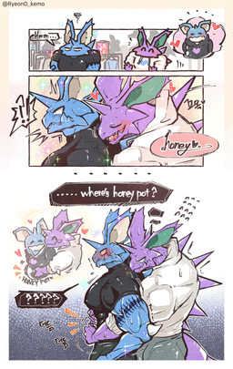 1_horn 5_fingers ^_^ anthro arm_spikes back_spikes biceps big_muscles black_clothing black_hoodie black_topwear blue_body bodily_fluids bottomwear claws clothing clothing_store dialogue dot_pupils drawstring_hoodie drawstring_topwear duo elbow_spikes emanata embarrassed eyes_closed finger_claws fingers flesh_fang flustered front_view frustration_cloud grey_bottomwear grey_clothing head_horn heart_symbol hoodie horn hug huge_muscles hugging_another hugging_from_behind inside interrobang looking_aside looking_at_self looking_at_viewer male mistaken_identity motion_lines mouth_closed muscular muscular_anthro muscular_male nervous nervous_sweat open_mouth open_smile overbite pecs purple_body purple_spikes realization red_tongue rosy_cheeks shirt side_view slightly_chubby smile smiling_at_another sparkles speech_bubble spikes spikes_(anatomy) store sweat sweatdrop_(iconography) sweaty_arms sweaty_face tail talking_to_another tan_clothing tan_hoodie tan_inner_ear tan_topwear teal_inner_ear text thought_bubble tongue tongue_showing topwear tremble_spikes twitter_handle white_claws white_sclera ryeono_kemo nintendo pokemon generation_1_pokemon nidoking nidoqueen pokemon_(species) shiny_pokemon absurd_res comic digital_drawing_(artwork) digital_media_(artwork) english_text half-length_portrait hi_res korean_text one_page_comic portrait three-quarter_portrait translated