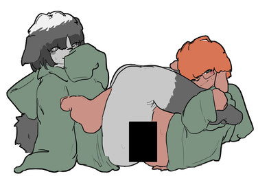 anthro censor_bar clothing covering covering_mouth duo half-closed_eyes looking_at_viewer male male/male narrowed_eyes raised_leg reverse_doggystyle simple_background size_difference snafgh 01_(snafgh) 02_(snafgh) animal_humanoid canid canine canis domestic_dog humanoid lagomorph lagomorph_humanoid mammal mammal_humanoid censored