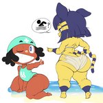 anthro big_butt blue_hair breasts butt butt_cleavage duo female hair male plantigrade thick_thighs yellow_body purple_yoshi_draws animal_crossing nintendo ankha_(animal_crossing) cushion_(purpsyoshi) domestic_cat felid feline felis human mammal hi_res